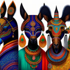 Vibrant anthropomorphic animal illustrations with tribal patterns on black background