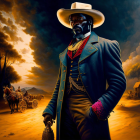 Stylized illustration of a man in wide-brimmed hat and western attire with dramatic sky &