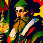 Colorful Renaissance portrait with bearded figure holding ornamental sphere.