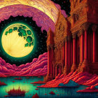 Surreal landscape featuring large glowing moon and ornate red pillars