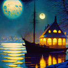 Frozen lake night scene with ship-house, moon, trees, and ice reflections