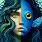 Split image: Woman with dark hair & green eyes next to blue fish with large yellow eye