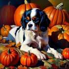 Black and White Spaniel Dog with Orange Pumpkins in Autumn Scene