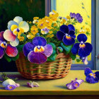 Colorful pansies in wicker basket against yellow background