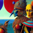 Surrealist painting of armored figures under dual celestial bodies