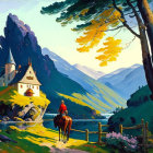 Scenic painting: rider on horse near lake cottage, mountain backdrop