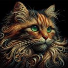 Colorful digital cat art with textured fur and green eyes on dark background