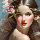 Portrait of woman with fair skin, blue eyes, wavy brown hair, adorned with roses, on