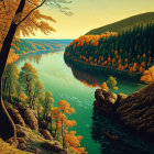 Tranquil autumn river with golden foliage and rolling hills