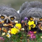 Realistic illustrated owls with yellow eyes in vibrant floral setting