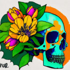 Colorful human skull with flowers on orange backdrop by Rowe