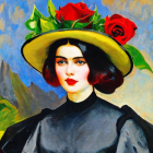 Portrait of a Woman with Pale Skin and Dark Hair Wearing Red Rose Hat