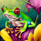 Colorful illustration: Green frog with red-eyed tree frog features on yellow petal, surrounded by purple