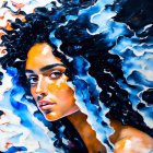 Vibrant portrait of a woman with curly hair in blue, black, white tones & orange accents