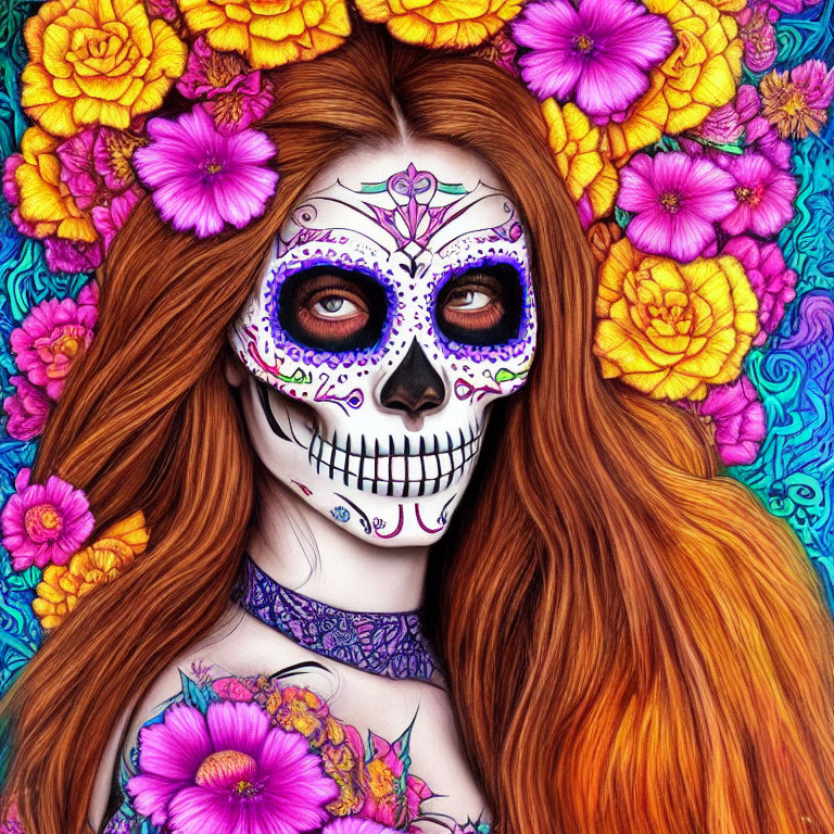 Colorful Dia de los Muertos sugar skull face paint on woman amidst vibrant flowers