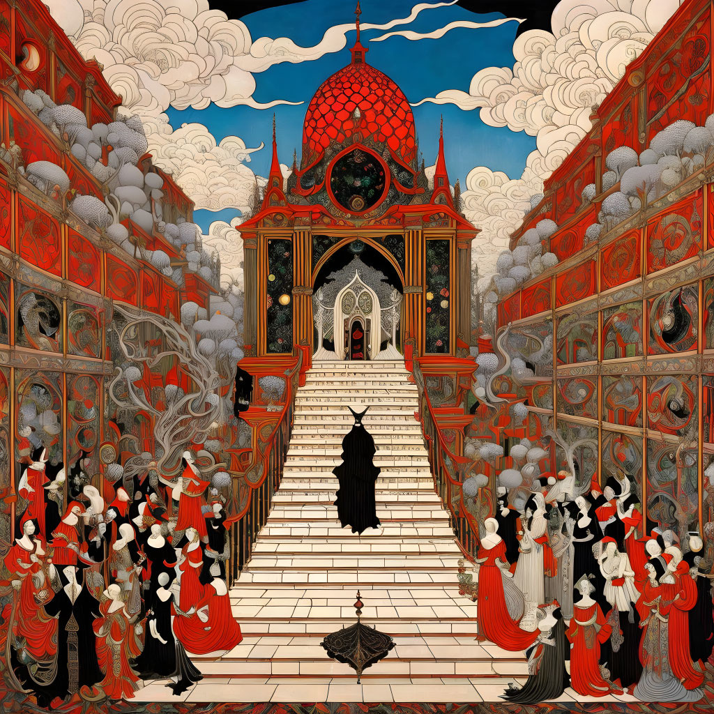 Ornate red-domed structure with grand staircase and crowds in black and red attire