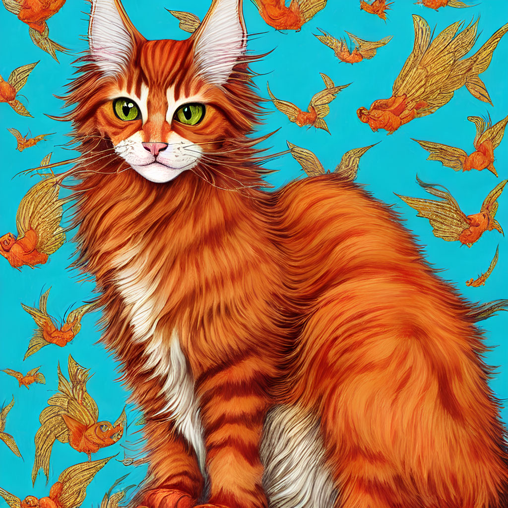 Colorful Orange Cat Illustration with Whiskers and Green Eyes on Blue Background with Golden Fish