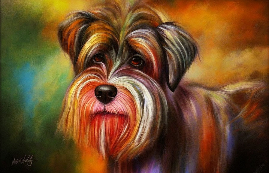 Colorful Dog Painting with Expressive Eyes and Shaggy Coat on Abstract Background