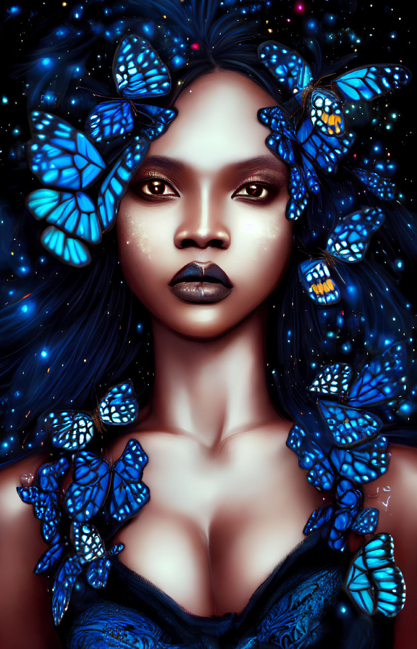 Portrait of woman with dark hair and blue butterflies in starry night.