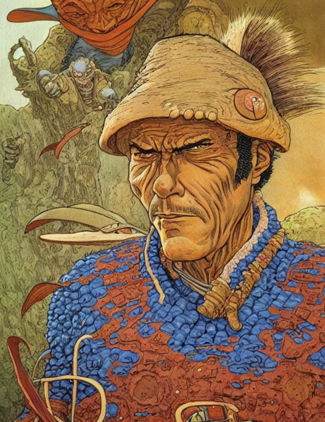 Traditional Japanese warrior illustration with conical helmet and blue bead necklace, surrounded by war masks and dragon creature