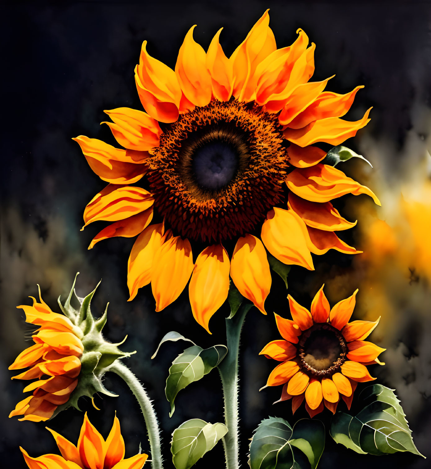 Bright yellow sunflower with dark brown center and two smaller blooms on dark background