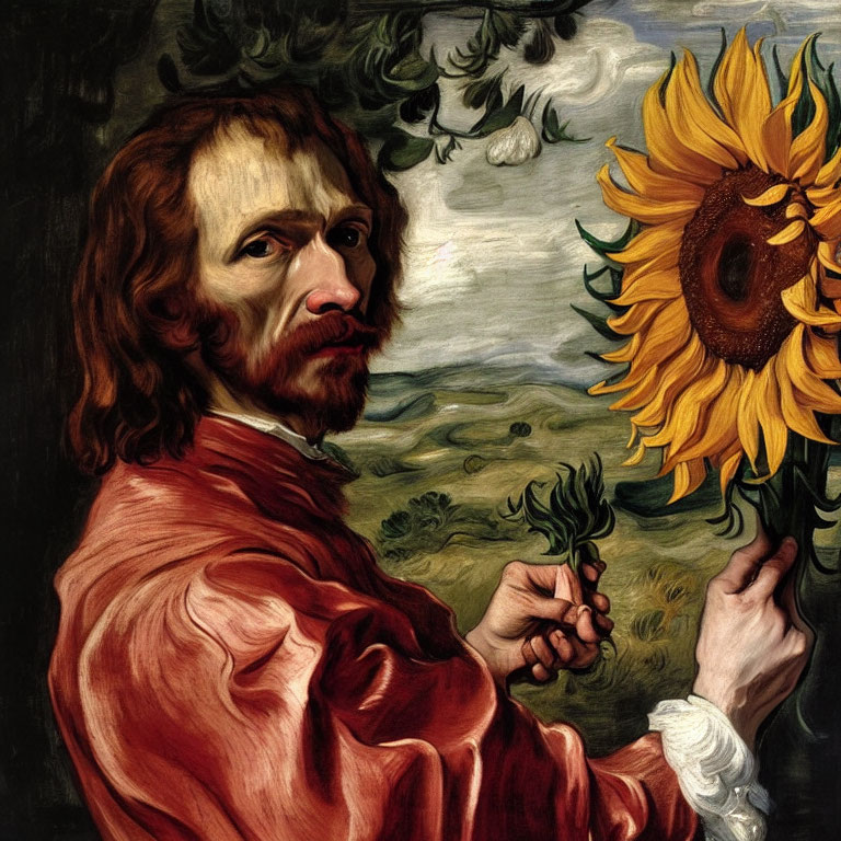 Portrait of bearded man with sunflower in red shirt on landscape background