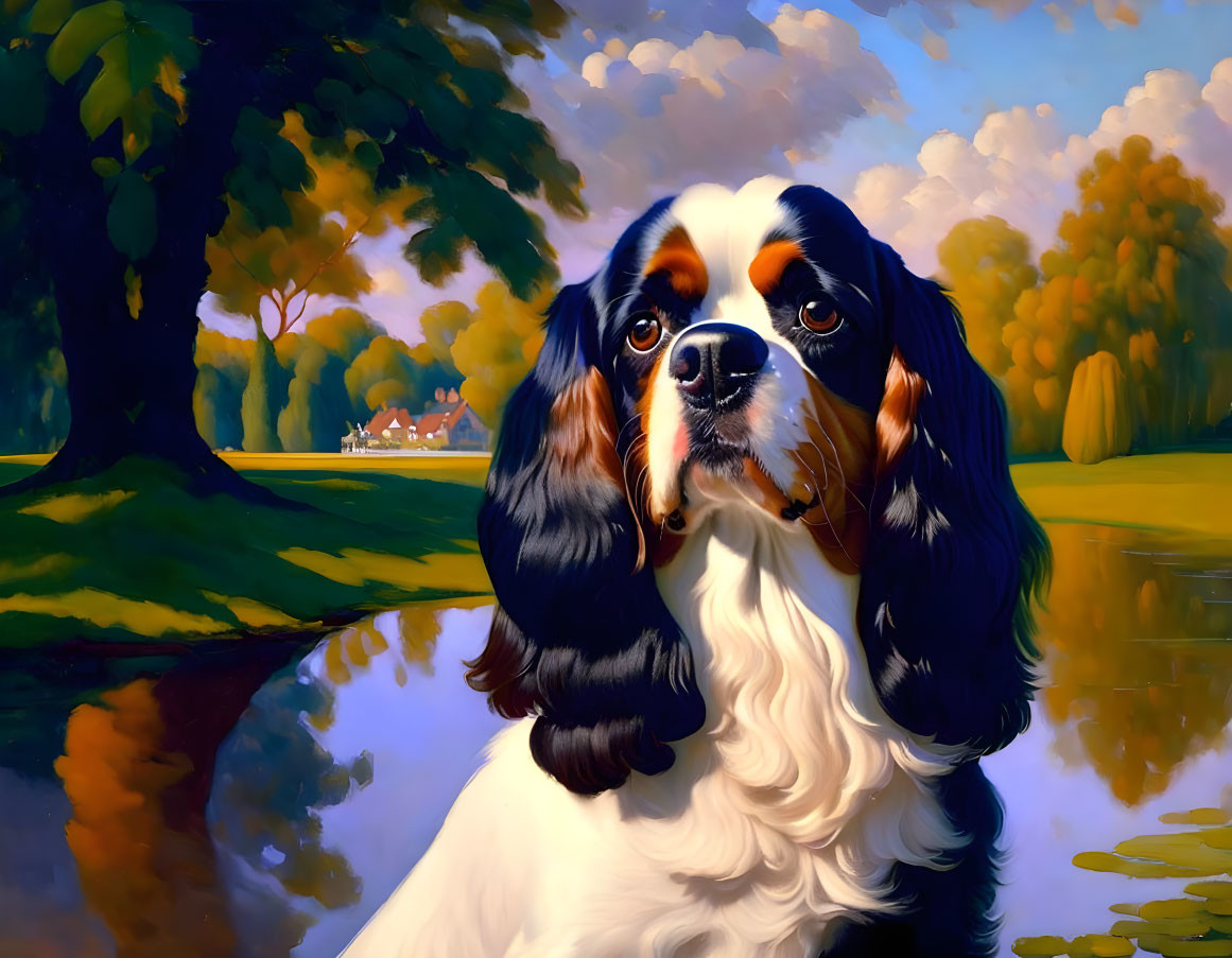 Cavalier King Charles Spaniel in serene landscape with water and trees