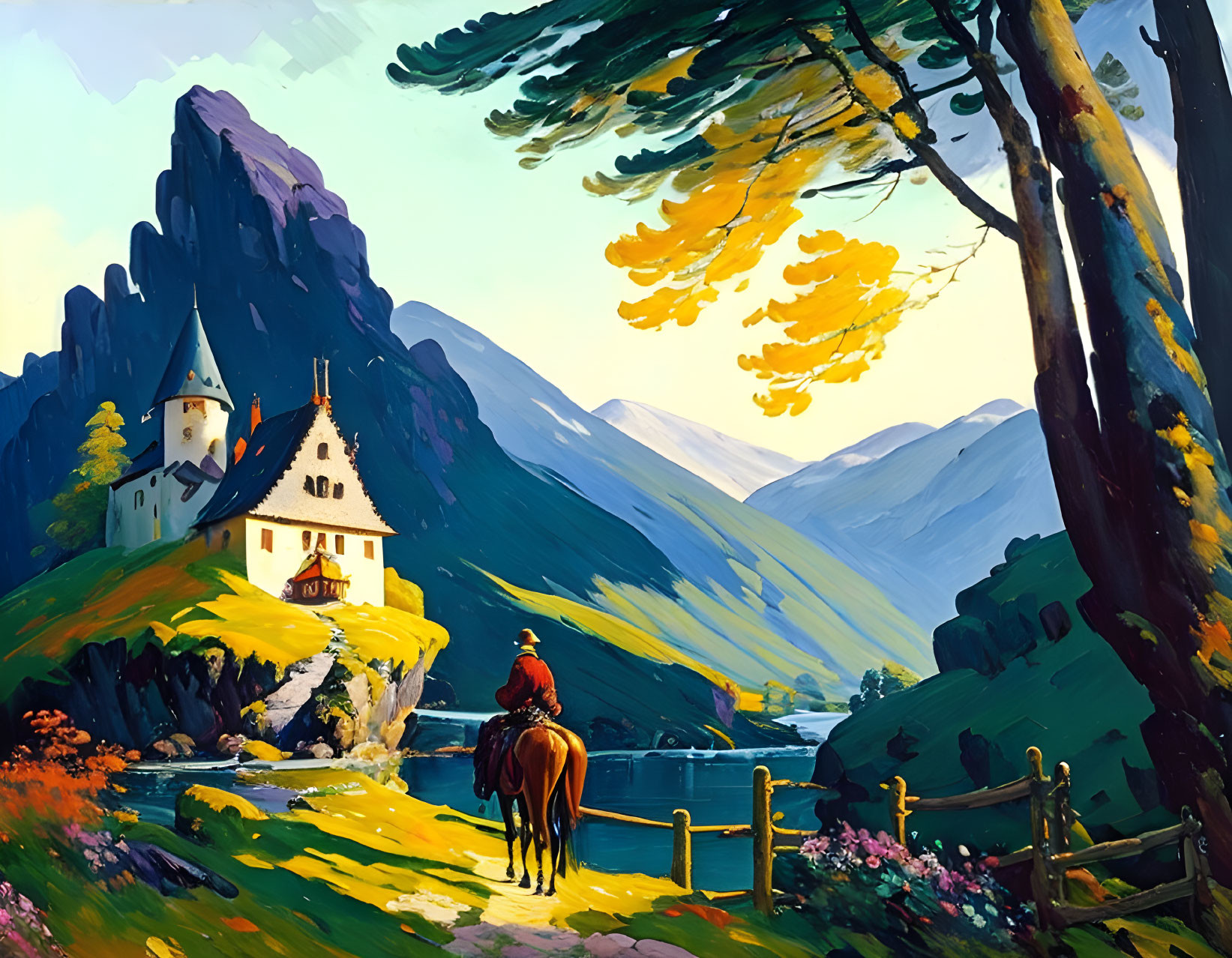 Scenic painting: rider on horse near lake cottage, mountain backdrop