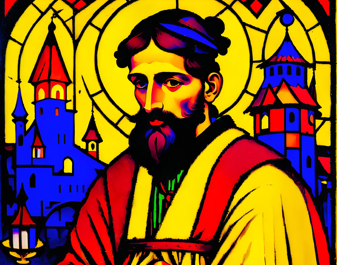 Bearded man in red and yellow robes with castle and towers.