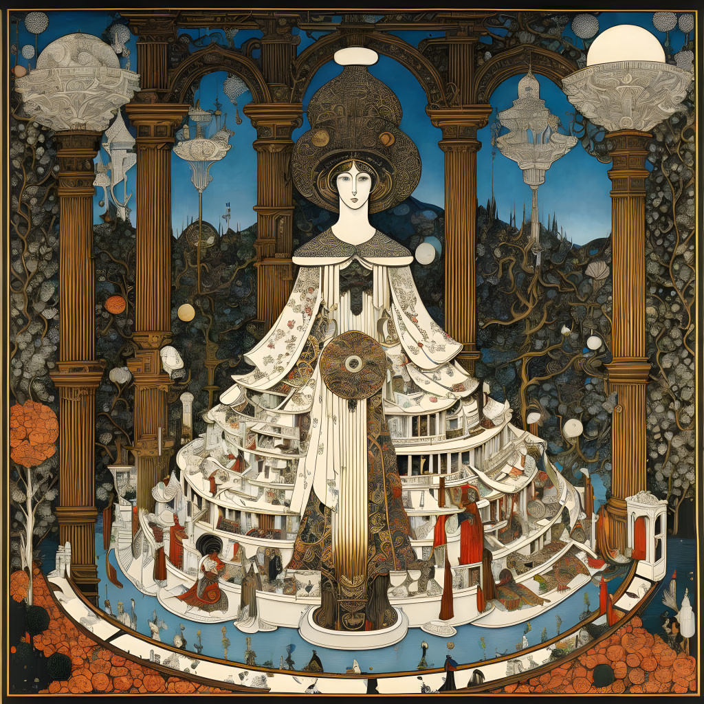 Detailed medieval-themed illustration with central female figure, ornate attire, architectural columns, figures in medieval dress