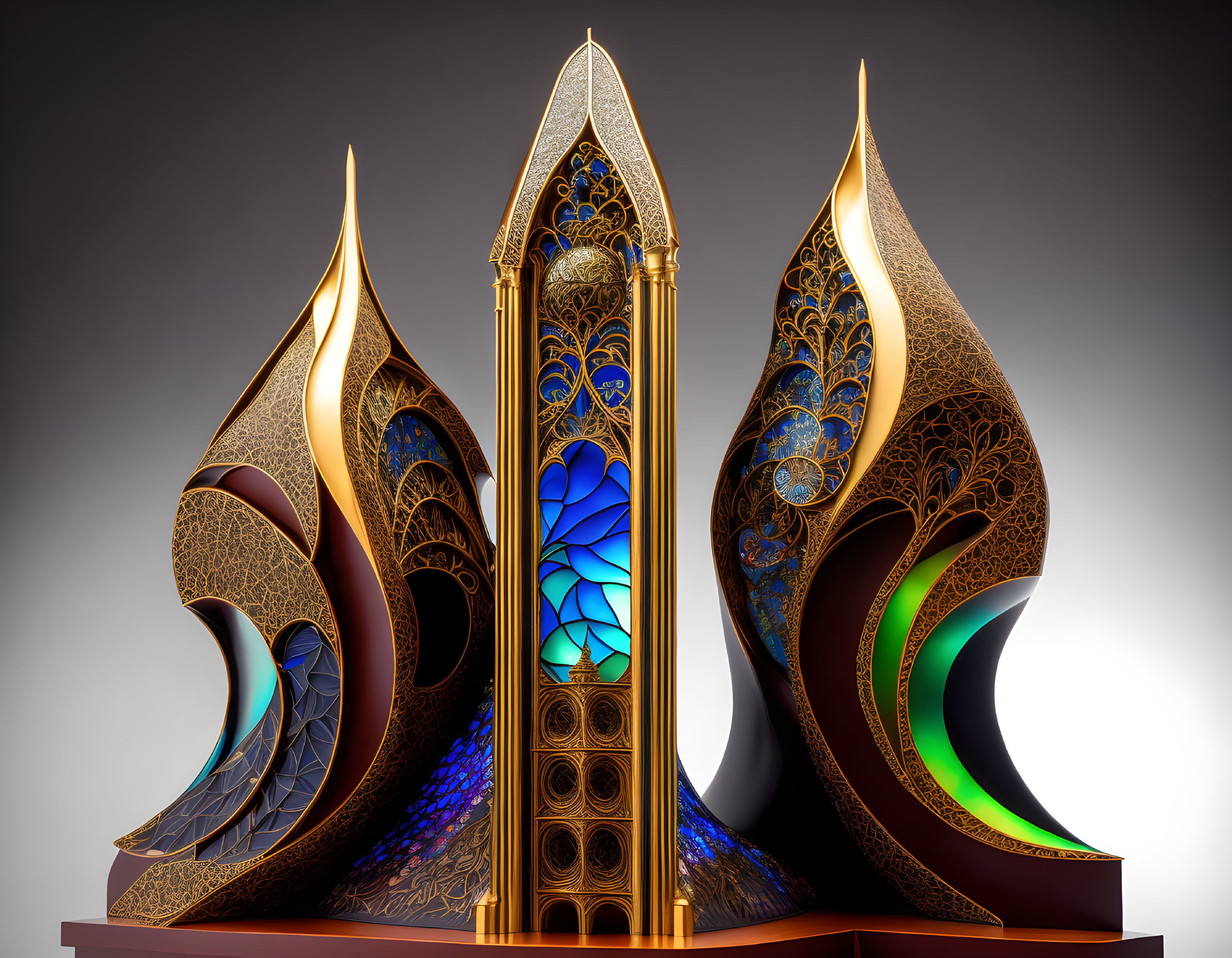 Ornate golden structures with vibrant stained glass on gray background