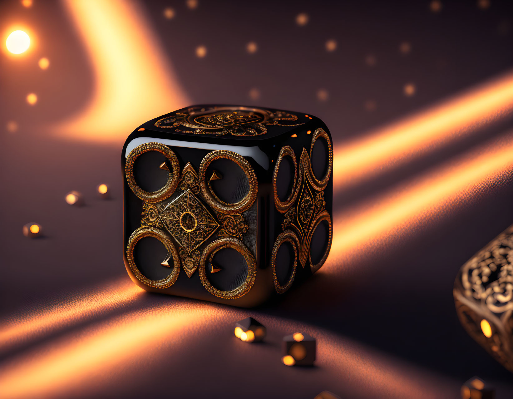 Luxurious Black and Gold Ornate Dice with Intricate Patterns on Reflective Surface