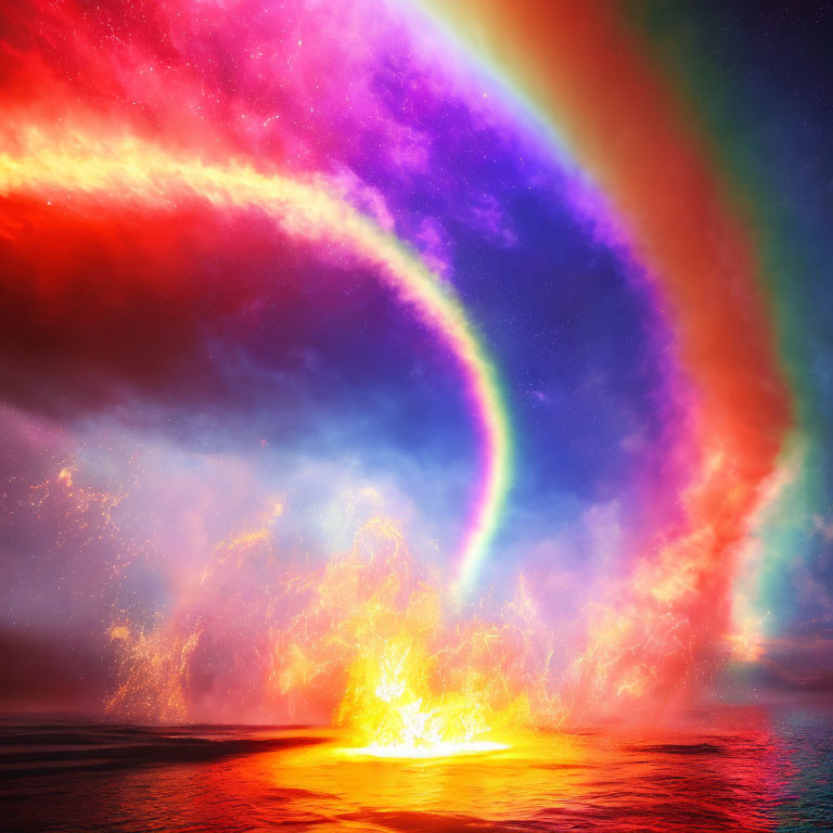 Double rainbow over fiery ocean explosion at sunset