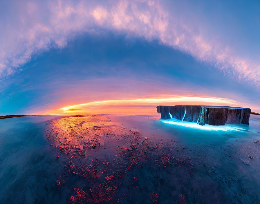 Vibrant purple and orange sunrise over calm water with concrete structure