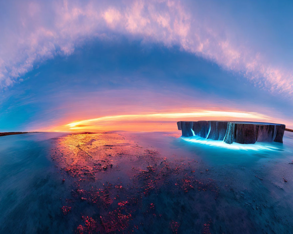 Vibrant purple and orange sunrise over calm water with concrete structure