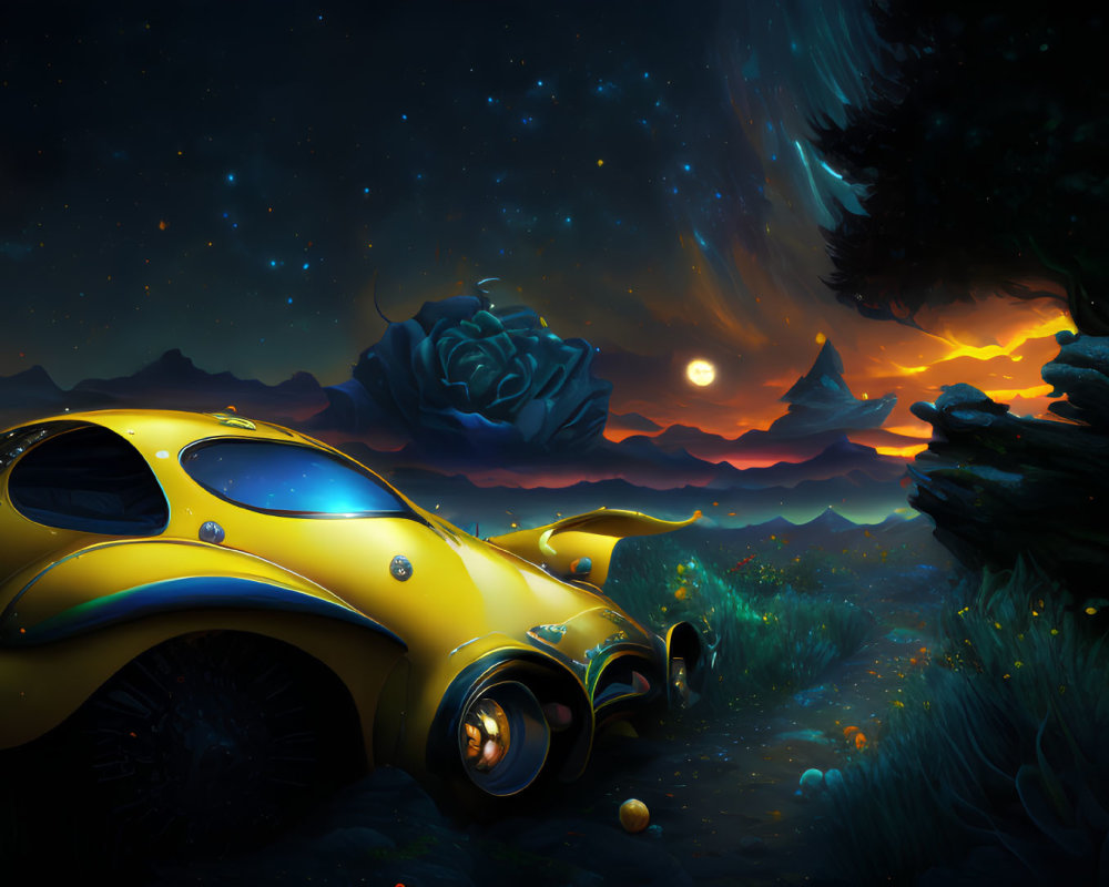 Yellow Sports Car in Mystical Forest with Glowing Plants and Blue Rose