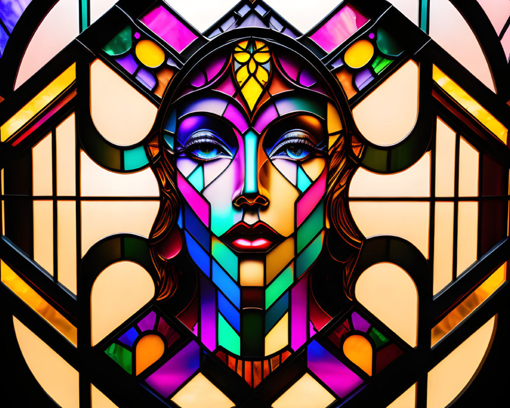 Abstract Female Face Stained Glass Artwork with Symmetrical Patterns