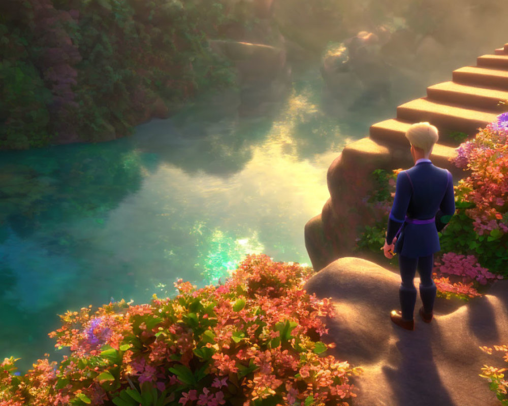 Blond-Haired Character on Flower-Lined Stairway Overlooking Blue River