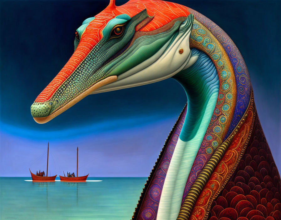 Colorful Dragon Painting Overlooking Sailboats on Calm Waters