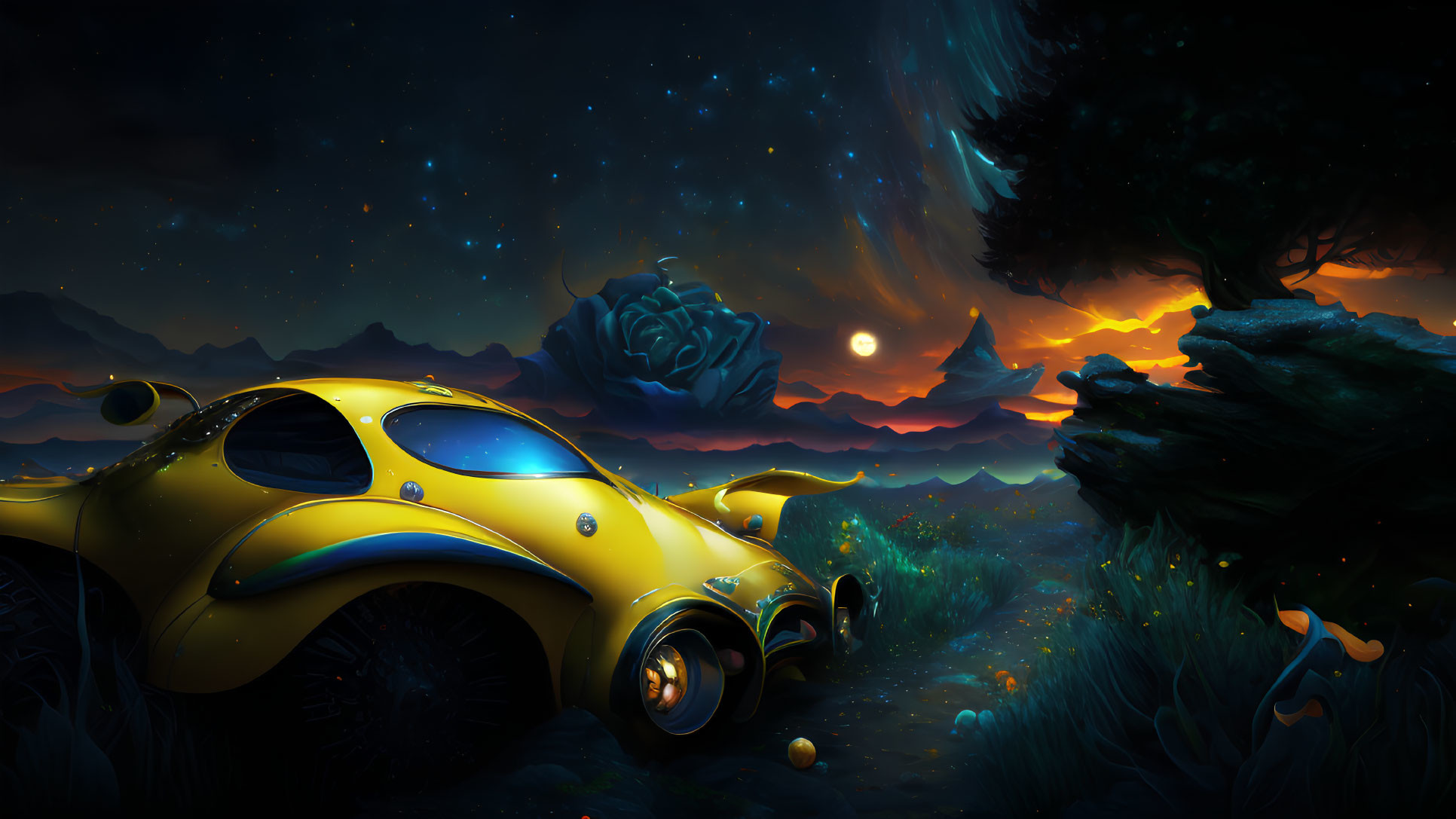 Yellow Sports Car in Mystical Forest with Glowing Plants and Blue Rose