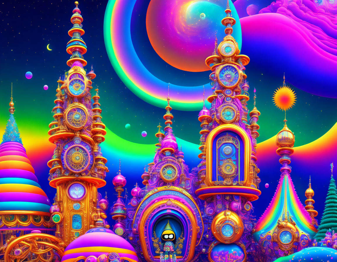 Colorful Psychedelic Landscape with Multiple Moons and Galactic Elements