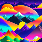 Colorful surreal landscape with multicolored mountains and multiple moons in neon hues