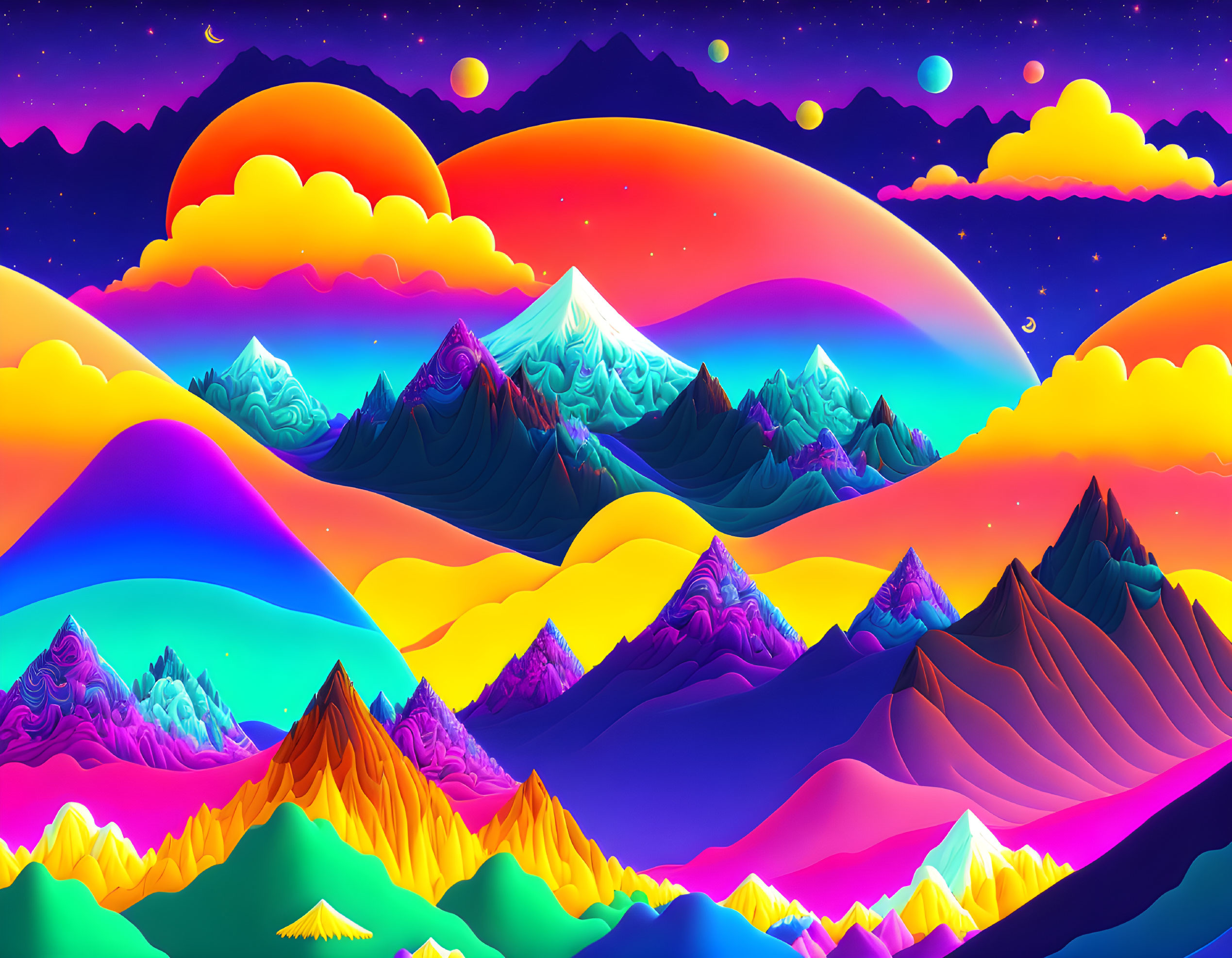 Colorful surreal landscape with multicolored mountains and multiple moons in neon hues