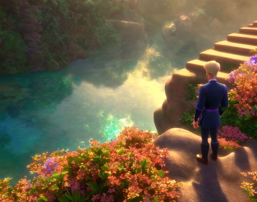 Blond-Haired Character on Flower-Lined Stairway Overlooking Blue River