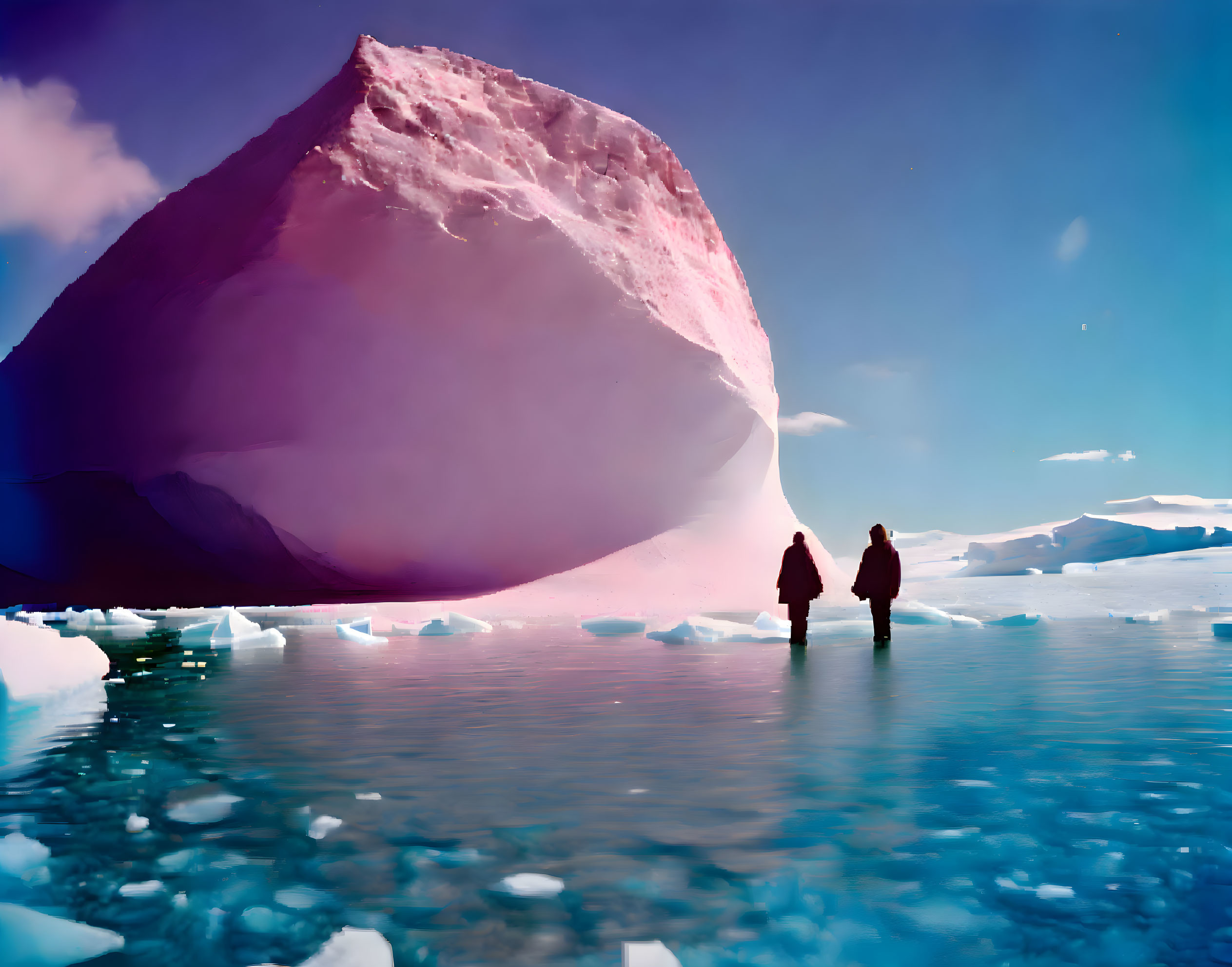 Two people standing by pink-tinted iceberg on icy surface