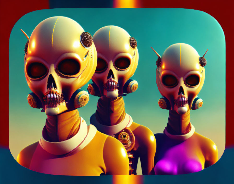 Three stylized robotic heads with alien-like features on gradient background wearing different colored outfits