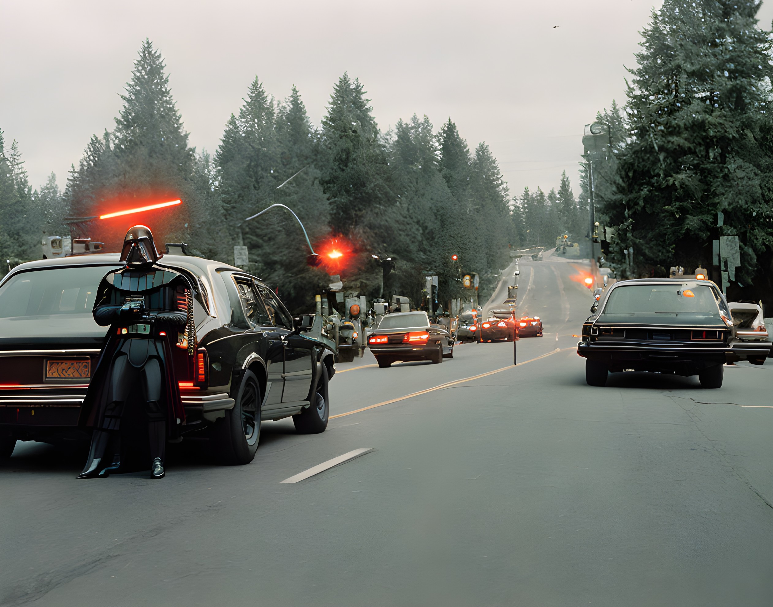 Vintage Cars on a Quiet Street with Sci-Fi Elements