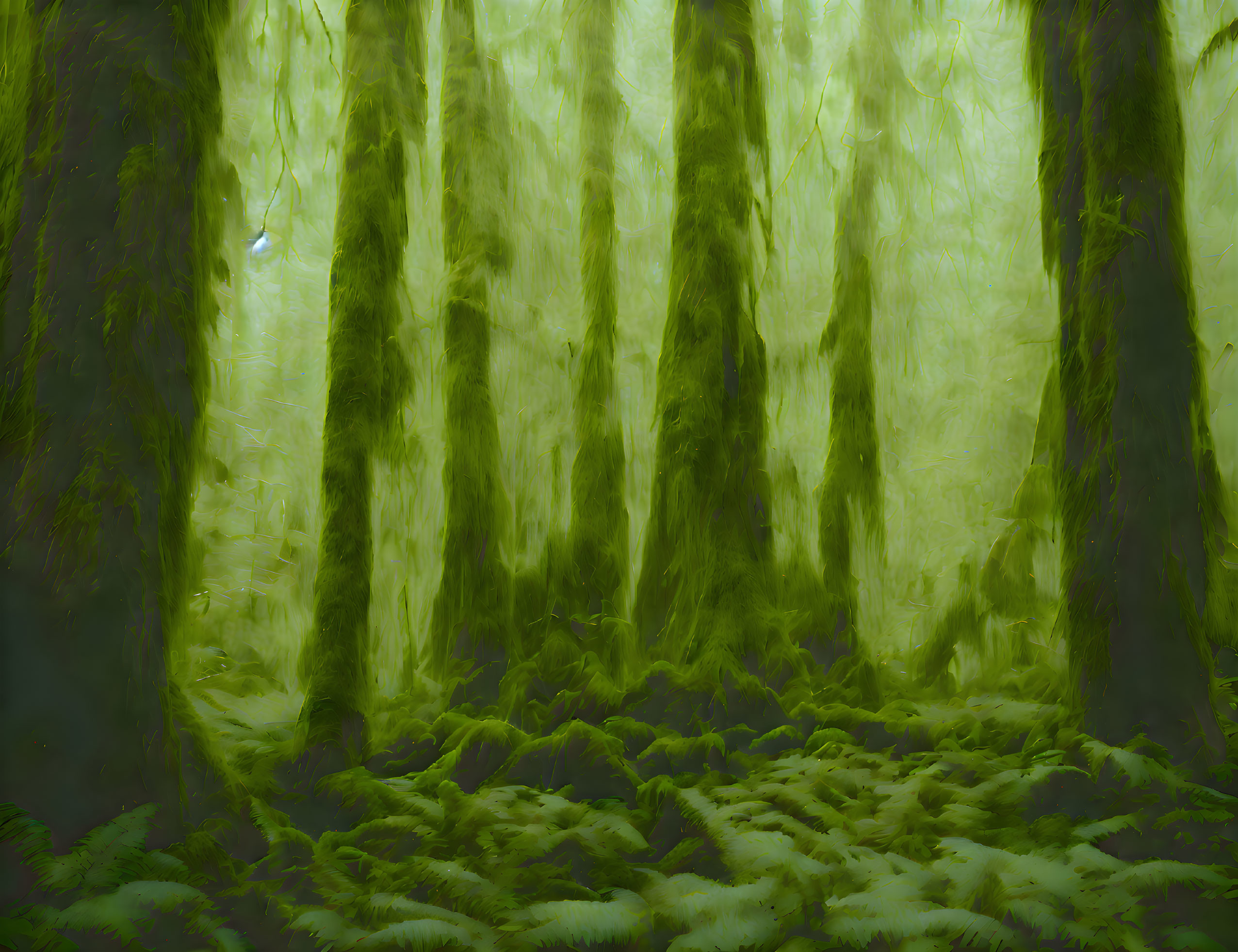 Mystical Green Forest with Tall Trees and Ferns