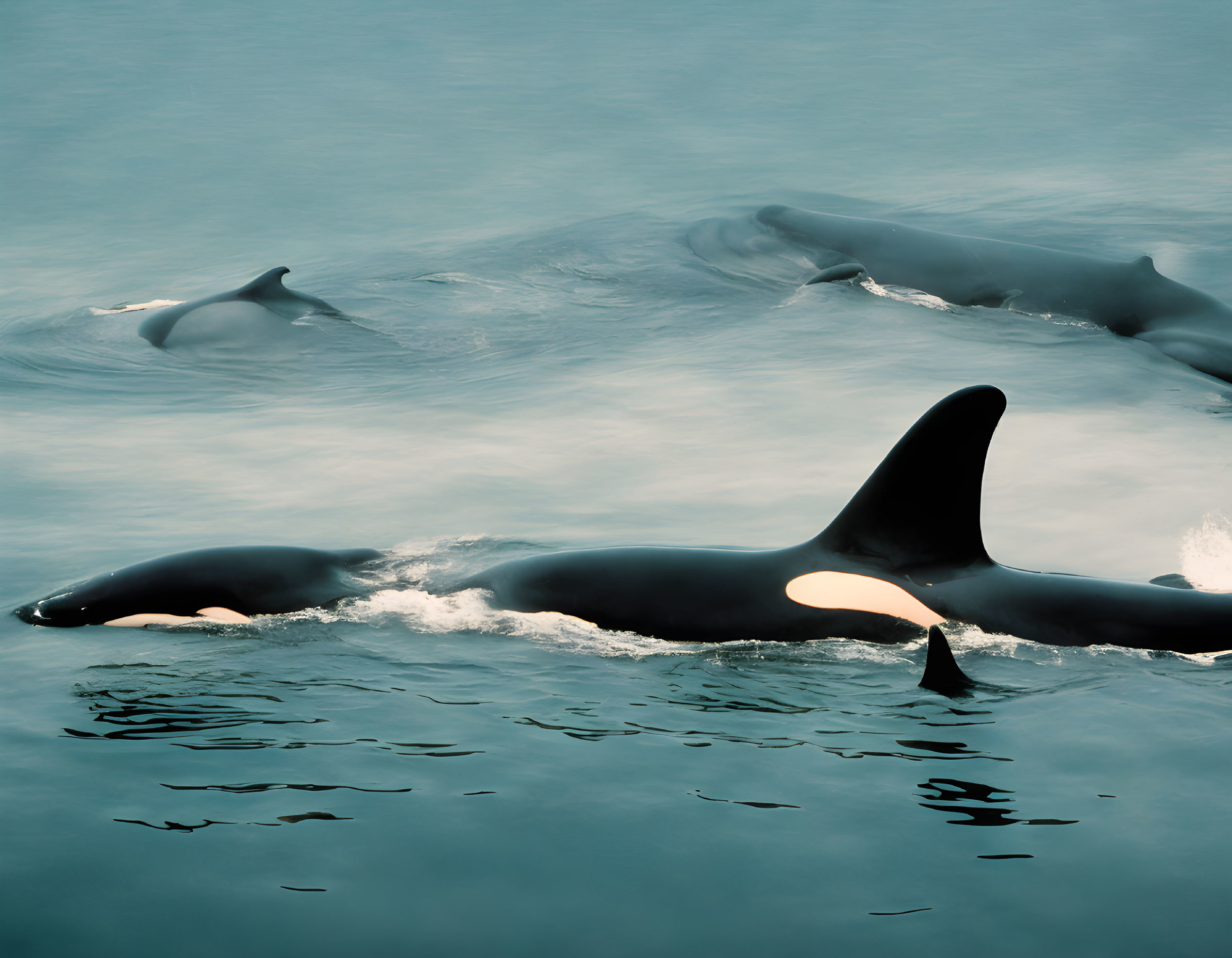 Black and white orcas swimming in calm blue ocean