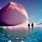 Two people standing by pink-tinted iceberg on icy surface